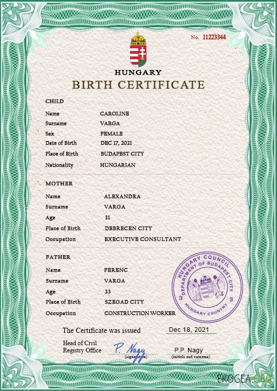 Modèle PSD de certificat de naissance en Hongrie